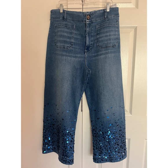 Maeve Denim - Maeve Anthropologie Colette Wide Leg Jeans Size 34 Blue Sequin‎ Hem Denim